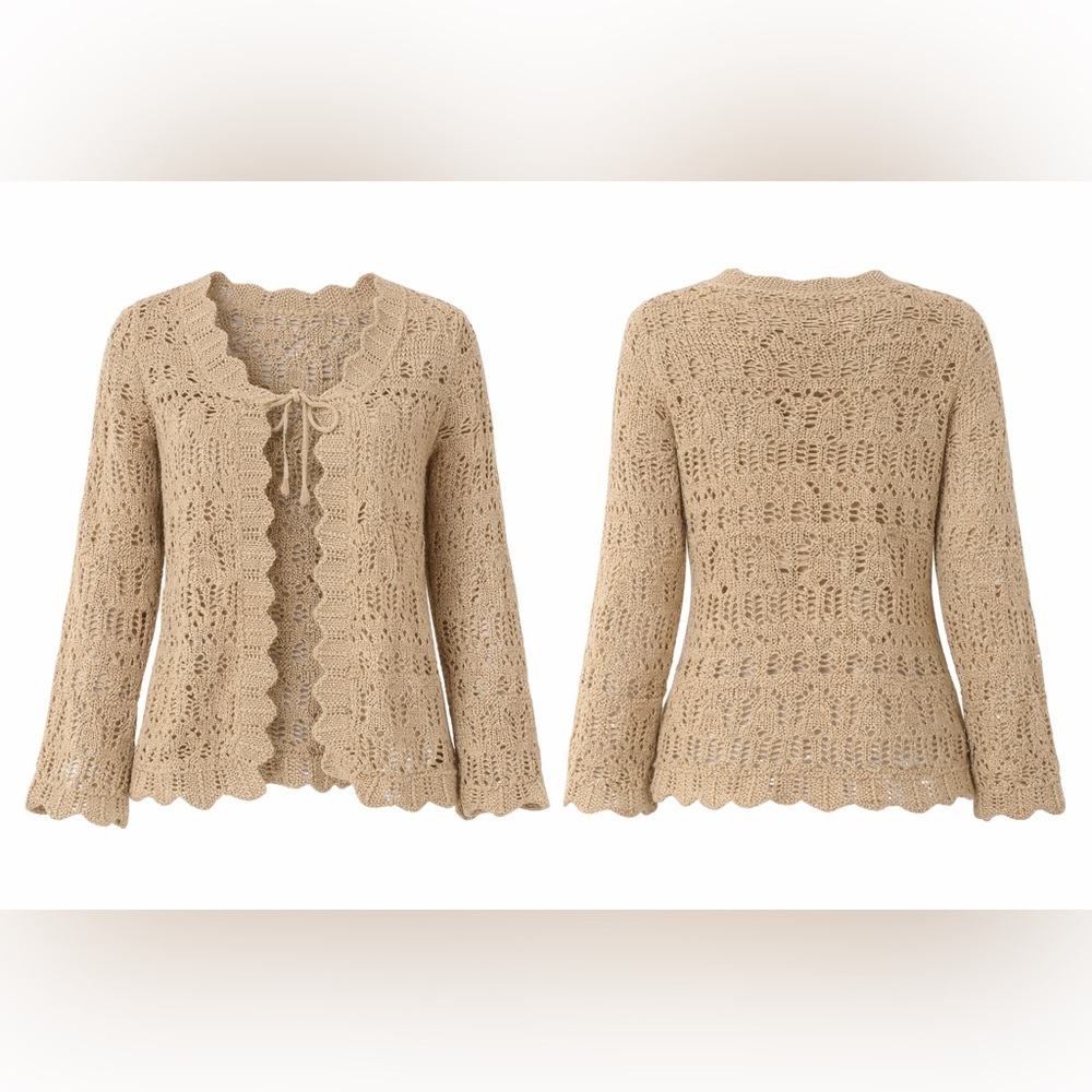 Spunky Crochet Knit Lace-Up Tie Cardigan Sweater Size Small Boho Tan - Picture 2 of 2
